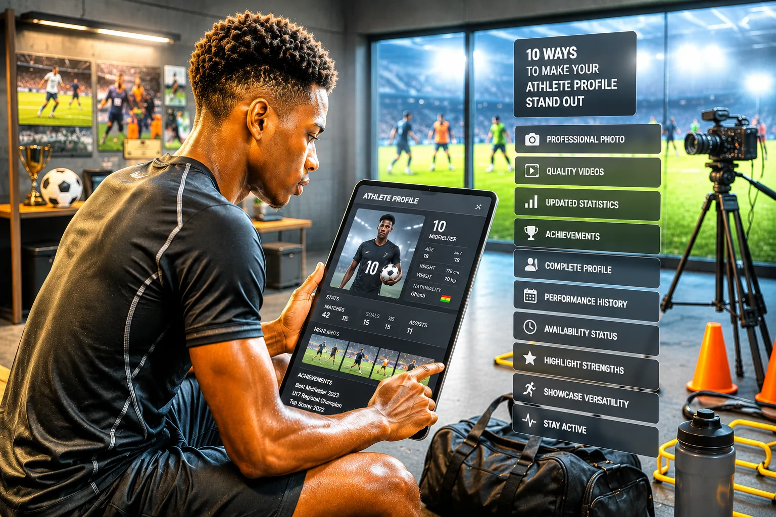 Young athlete reviewing a professional digital sports profile to increase visibility and recruitment opportunities.