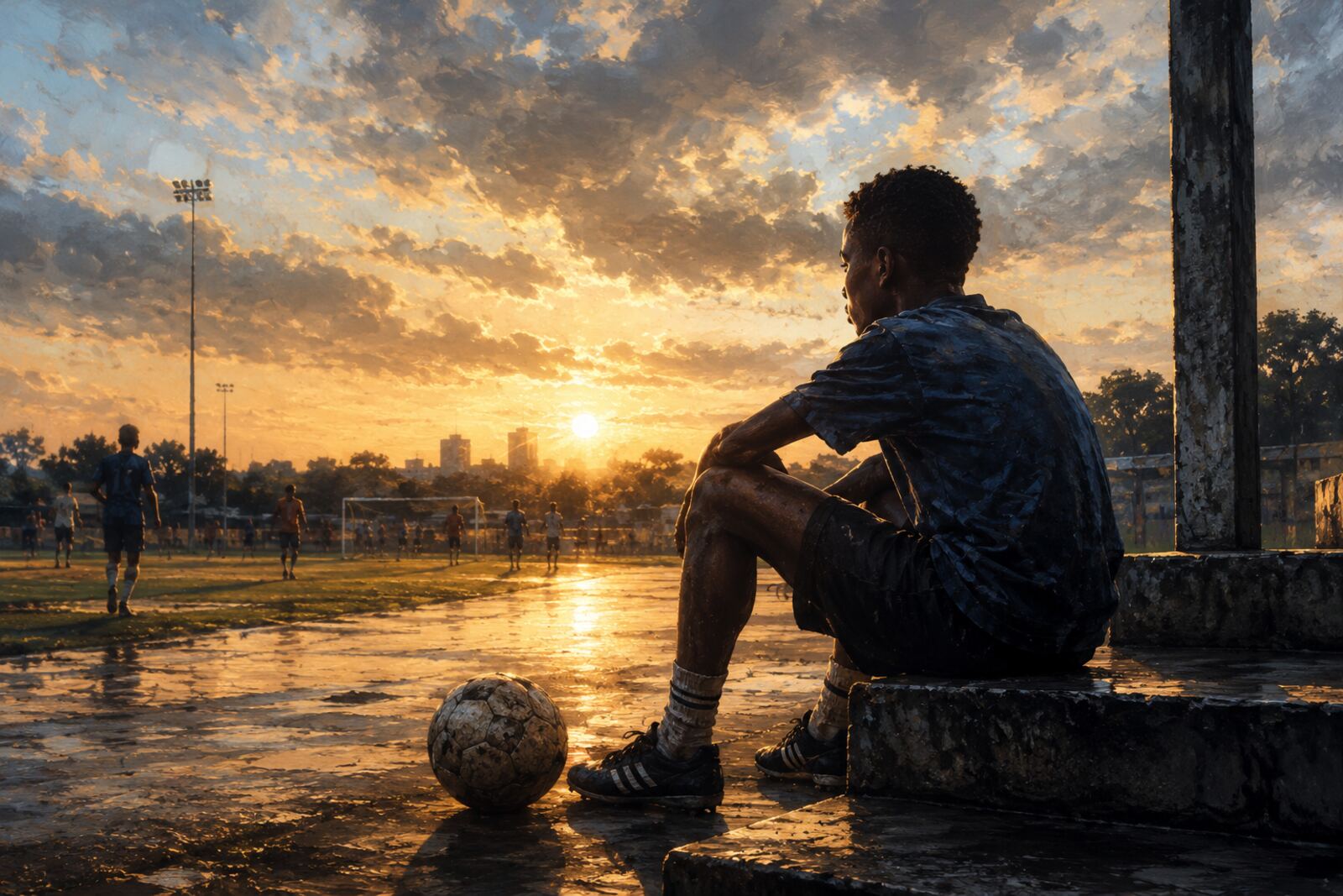 Young athlete at sunset on a football pitch — the Kelball spirit