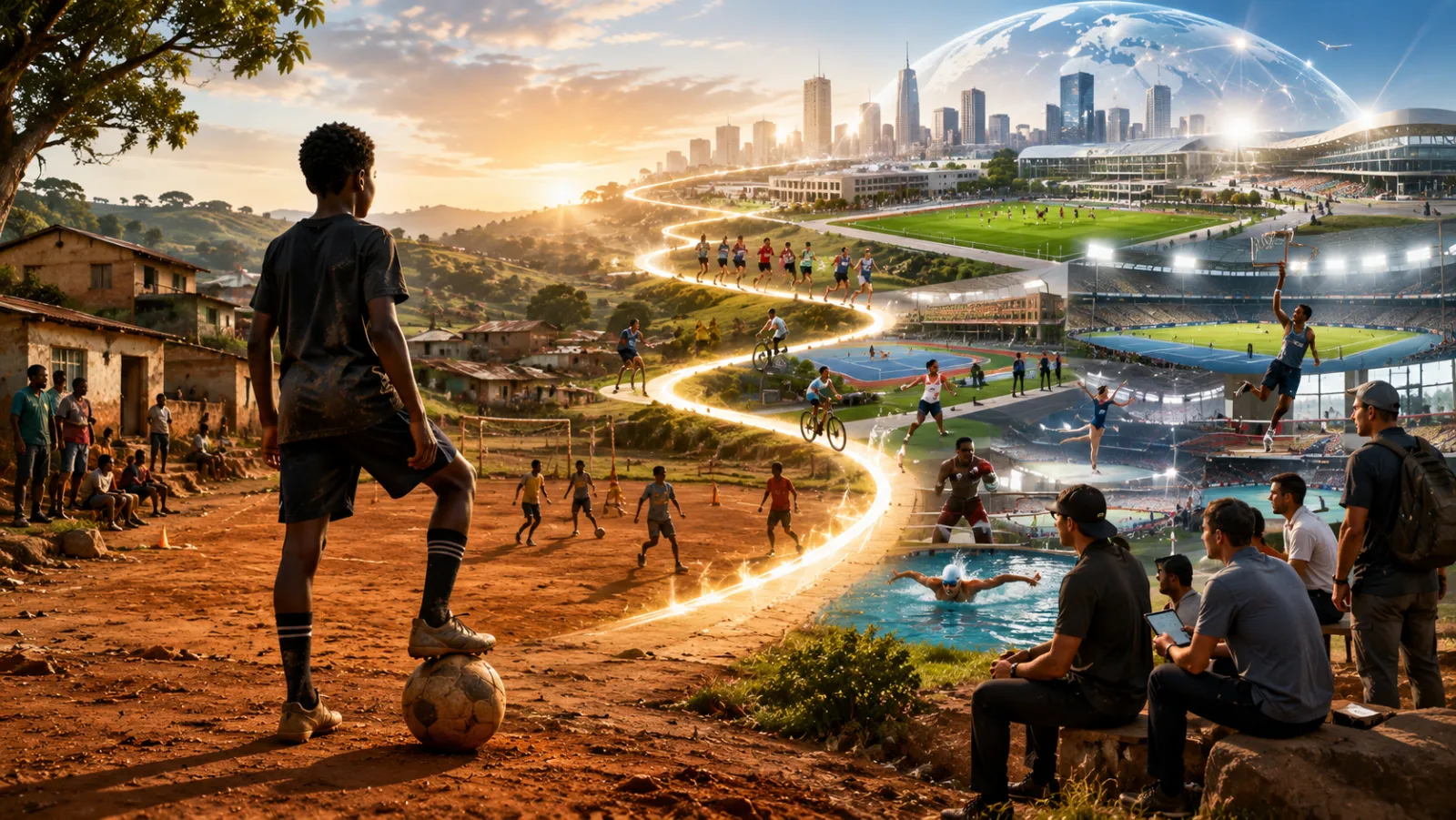 Young athlete progressing from a local sports field toward international sports opportunities and global recognition.