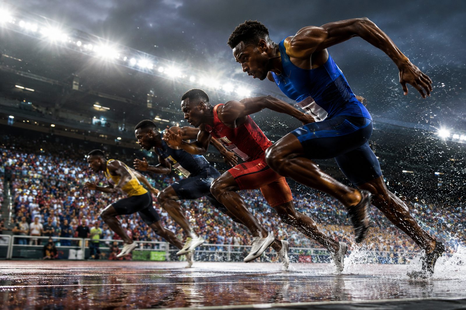 Sprinters exploding off the line in a packed stadium