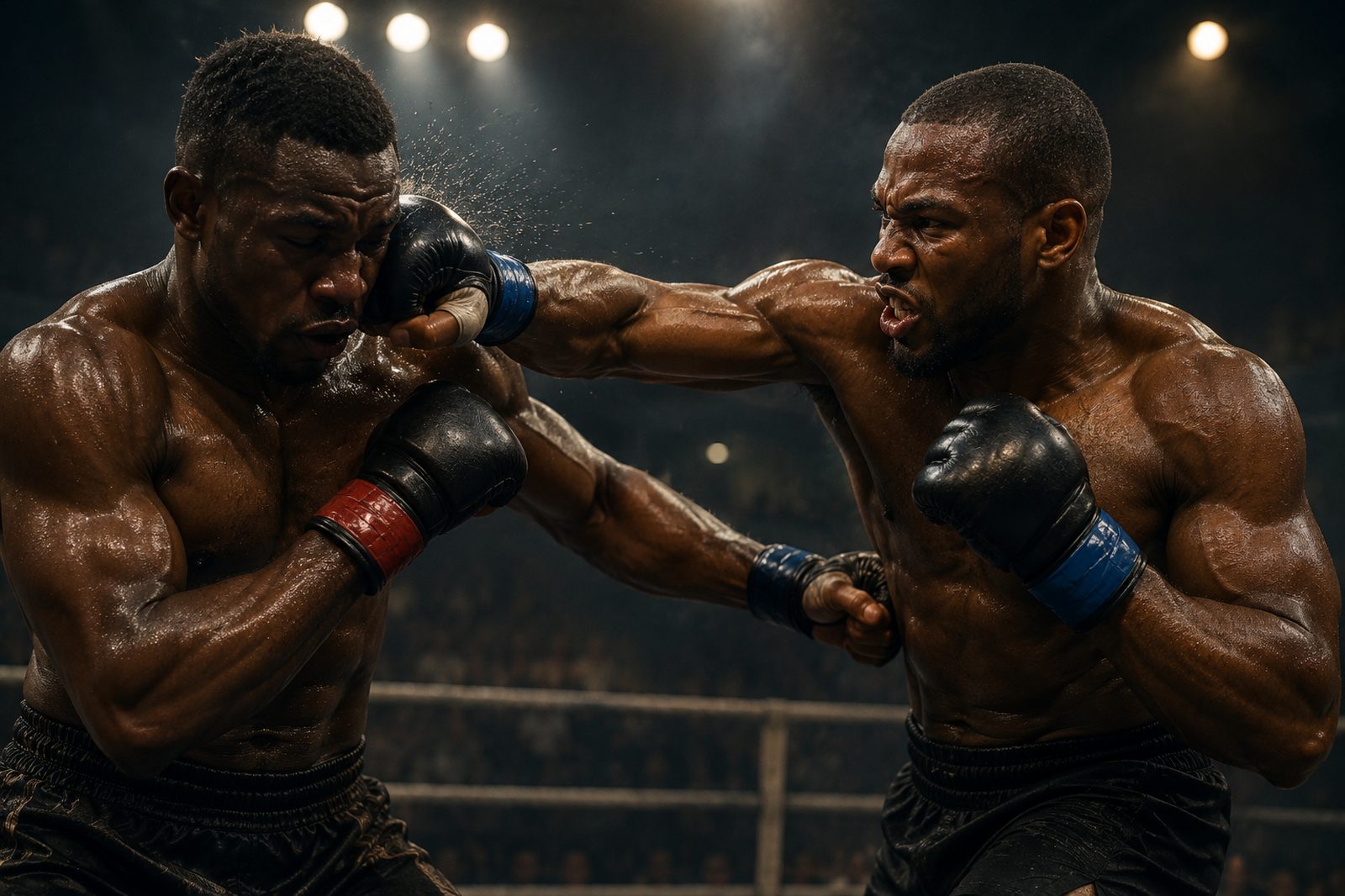Boxers exchanging punches in the ring