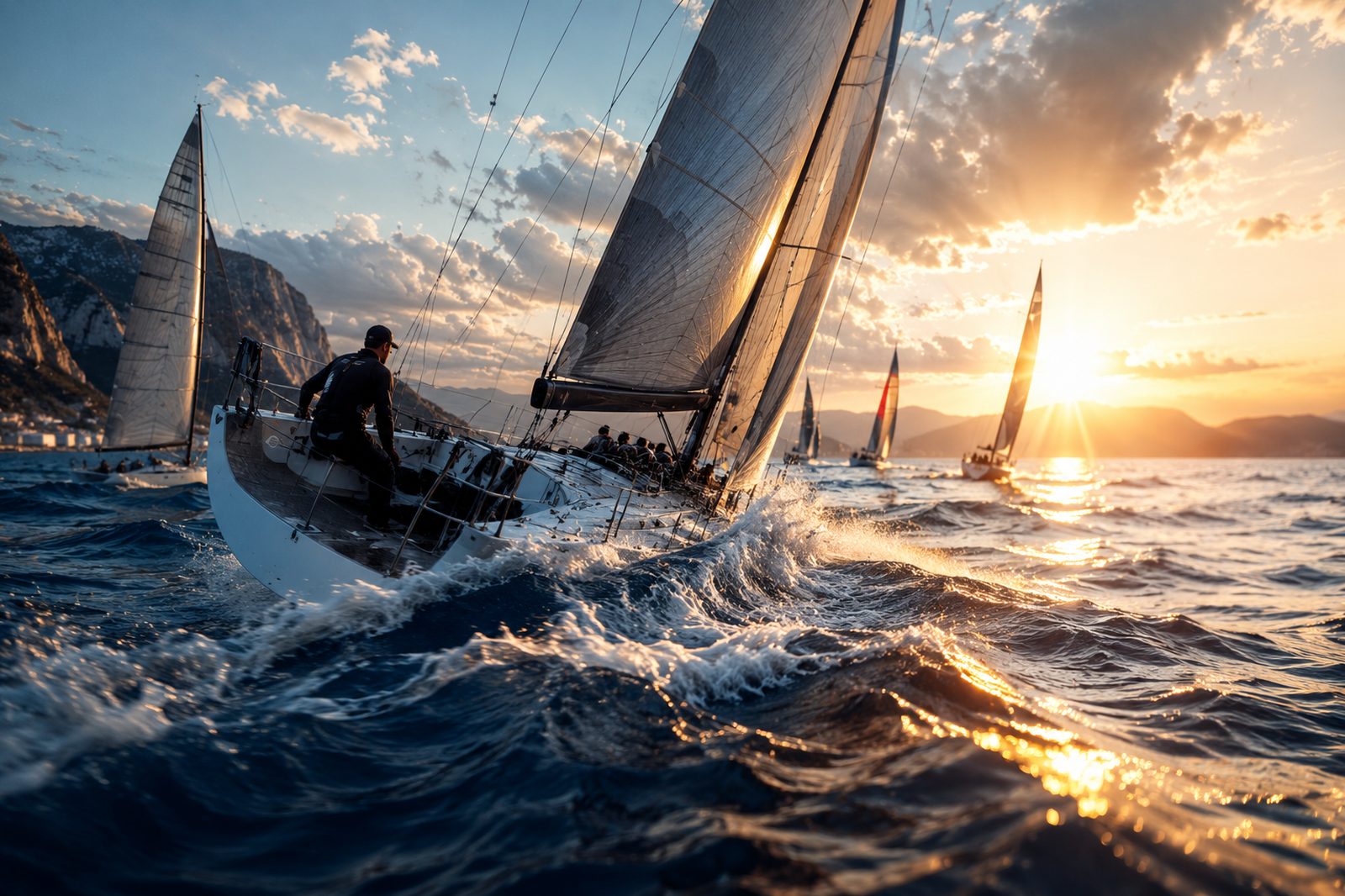 Sailboats racing at sunset on the open sea
