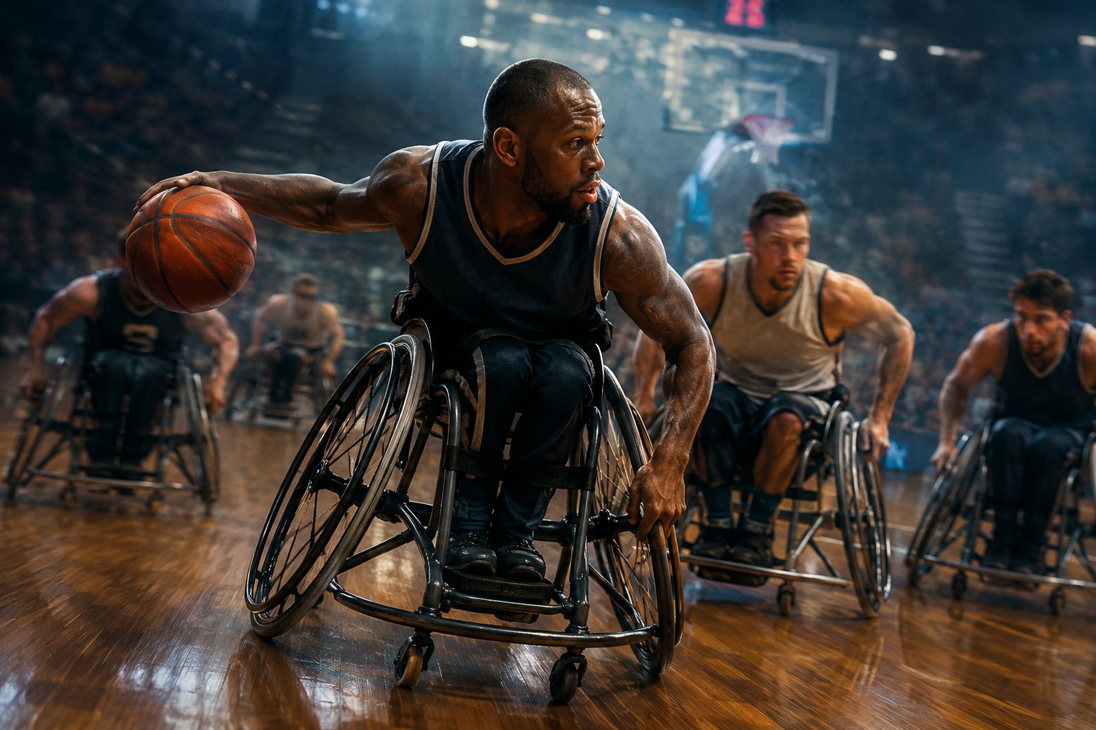 Wheelchair basketball players driving down the court