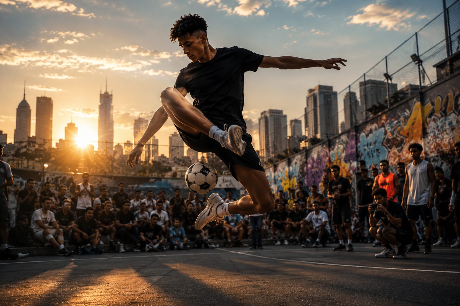Freestyle footballer mid-air kicking a ball at sunset with a crowd watching
