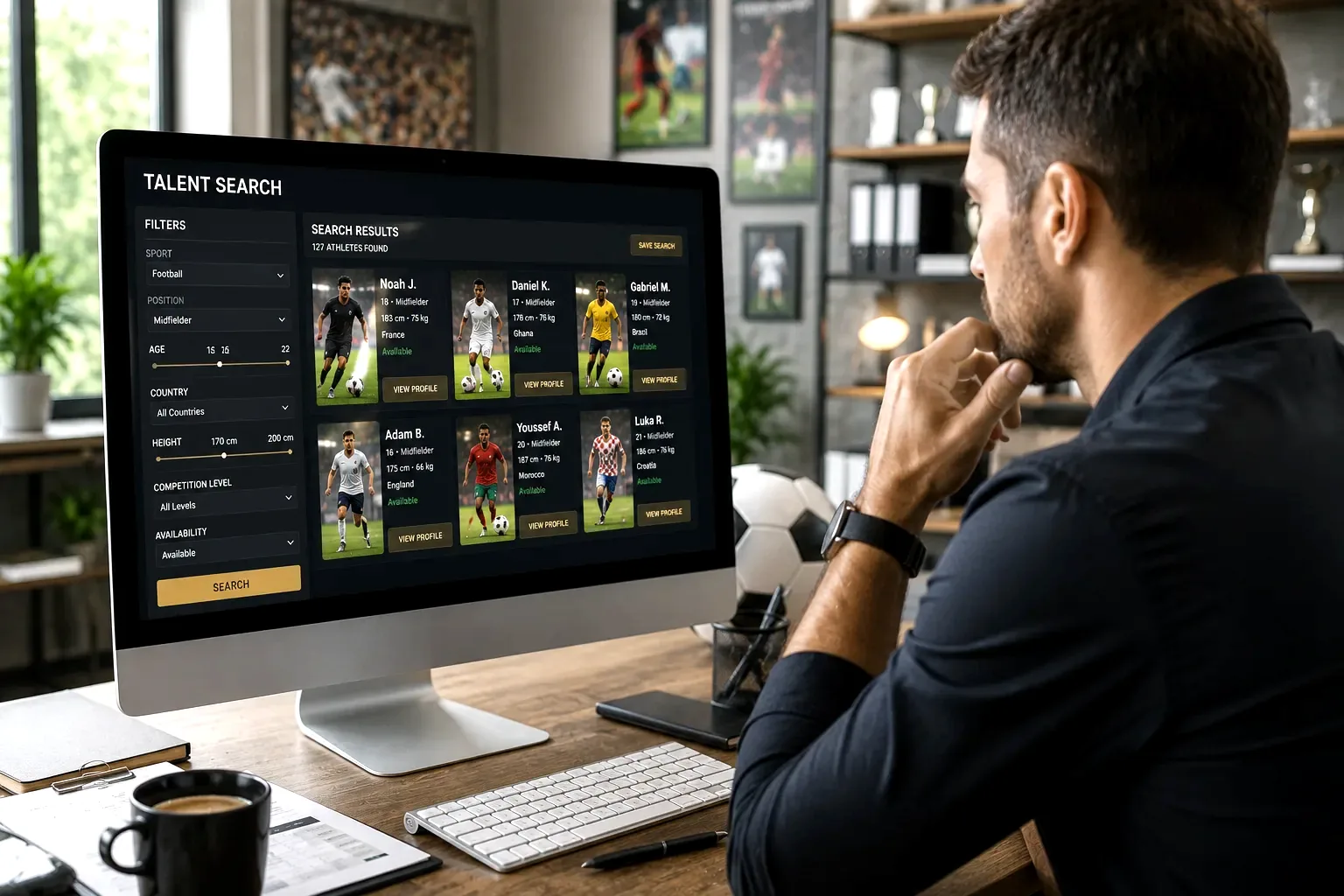 Professional sports recruiter using advanced digital filters to search and evaluate athlete profiles.