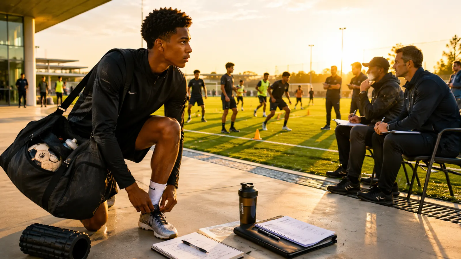 Young athlete preparing for an important sports trial while coaches and scouts evaluate talent at a professional training facility.
