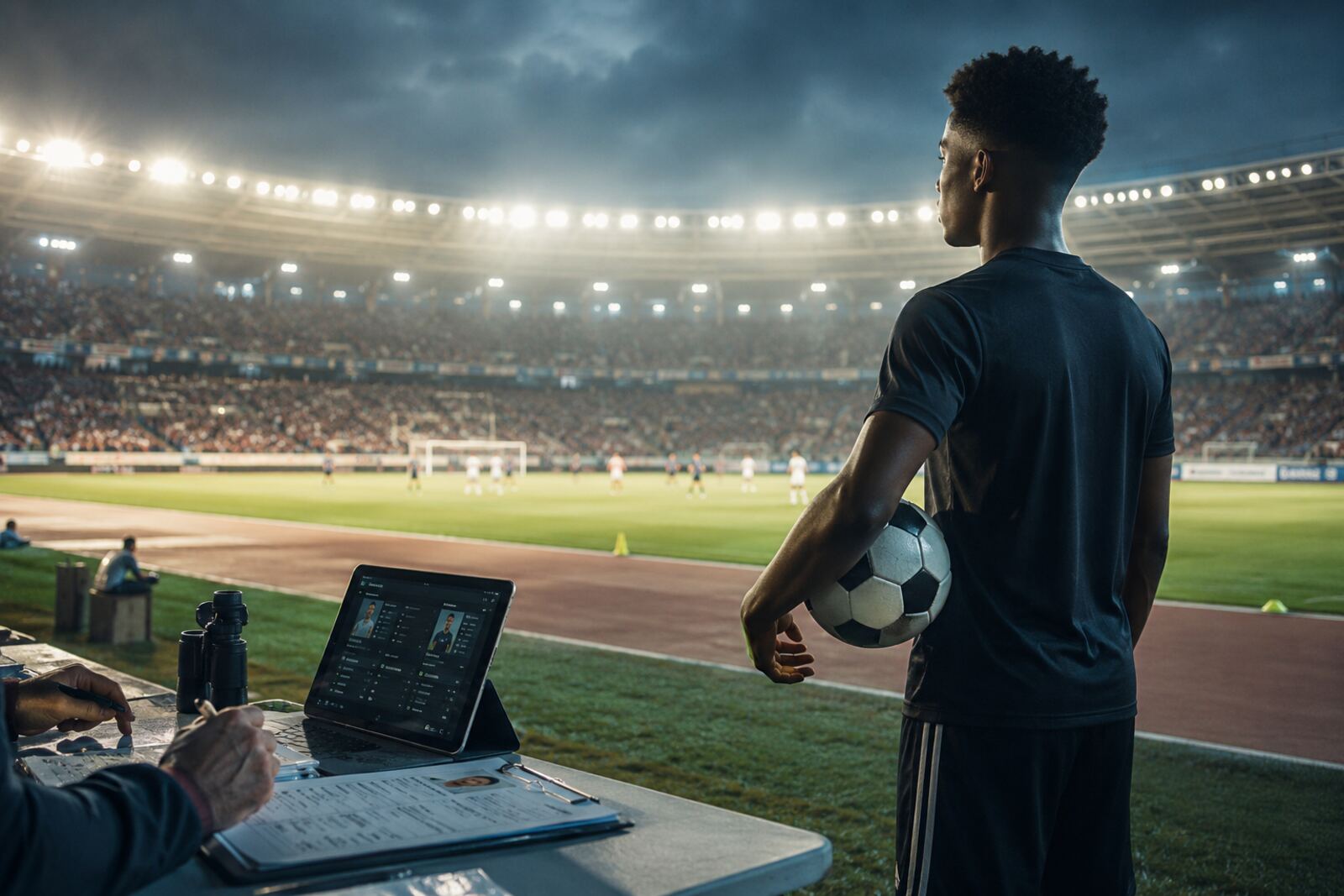 Recruiter scouting an athlete at a stadium with a tablet