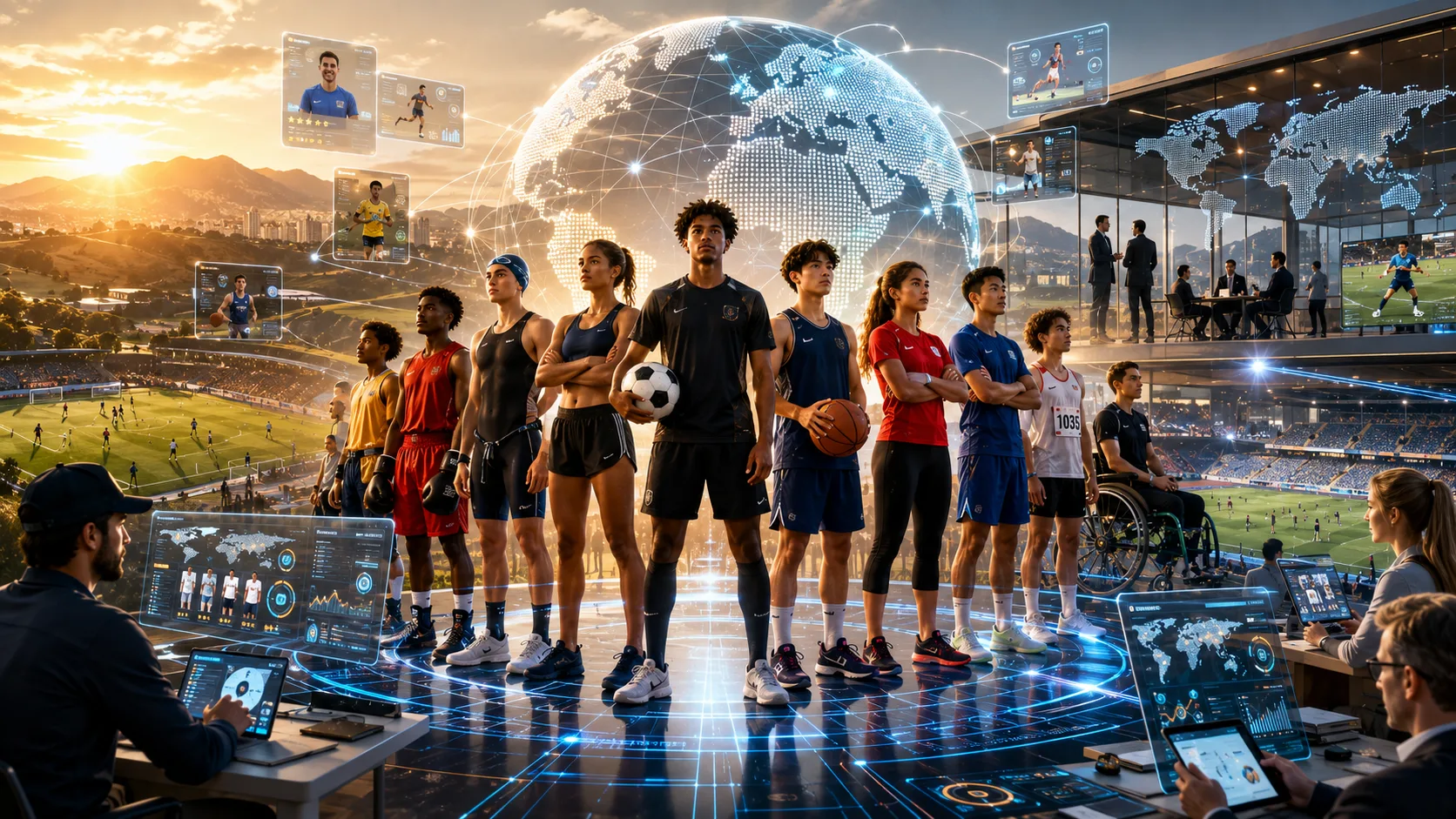 Young athletes connected to a global sports recruitment network through advanced technology, digital profiles, and international scouting opportunities.