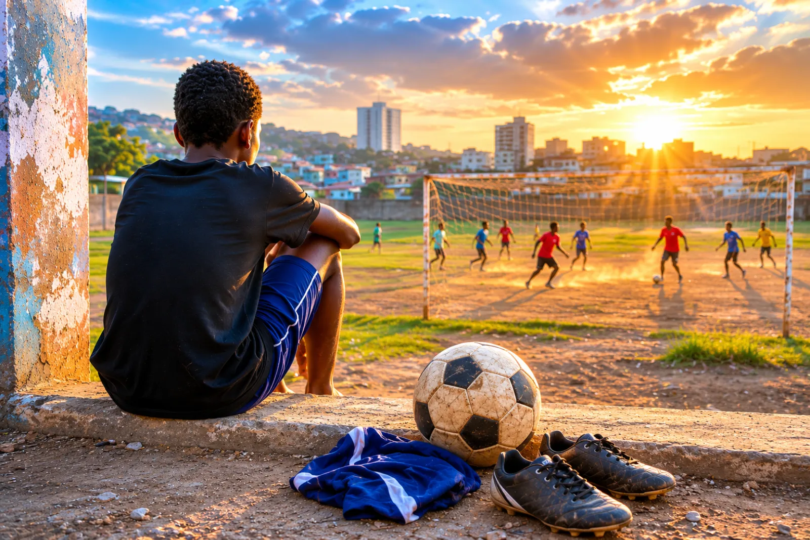 Young athlete watching a football match while dreaming of opportunities beyond his current environment.