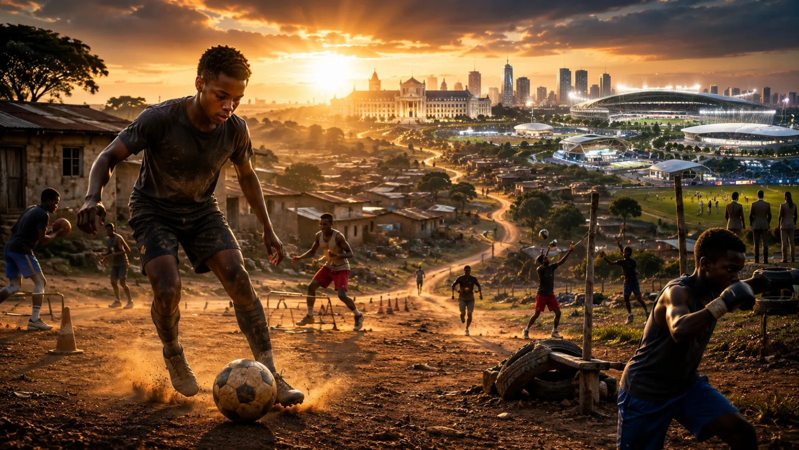 Young athletes training in a rural community while global sports opportunities shine beyond the horizon.