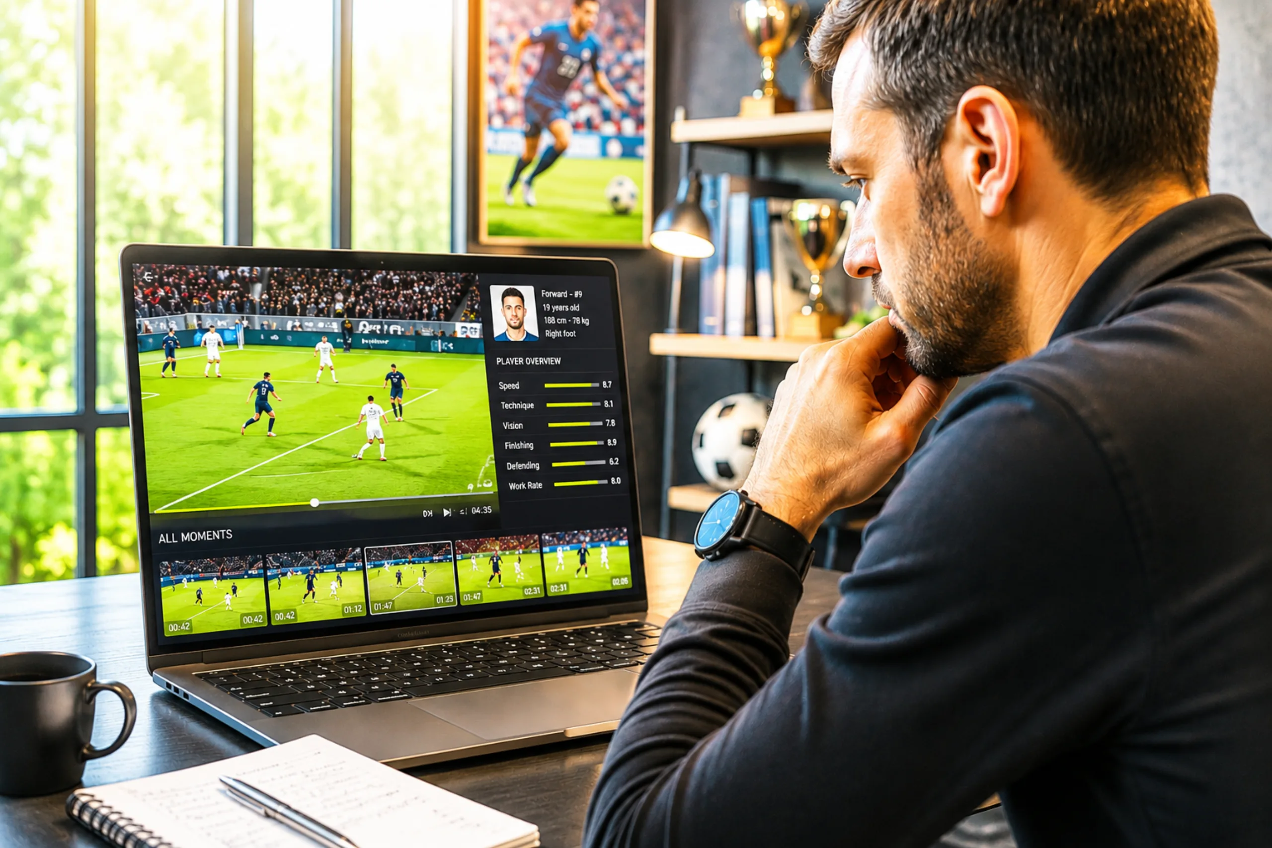 Professional sports recruiter evaluating athlete performance through video analysis and scouting footage.